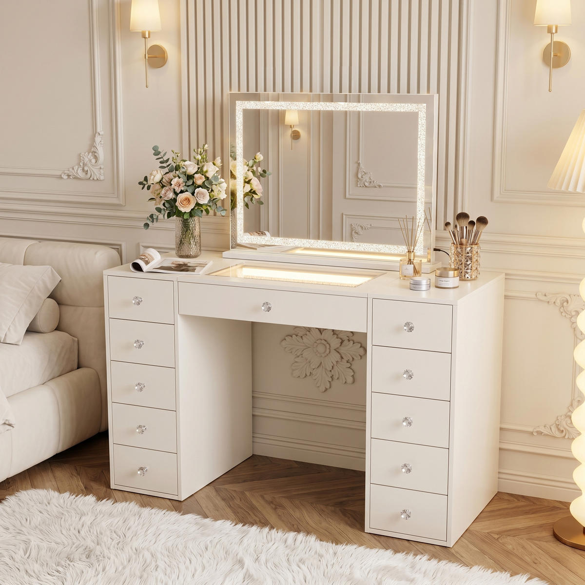 SCHMINKTISCH mit 11 Schubladen 130/55/81 CM und LED Lichtleiste gestreute Diamanten und Bluetooth 80 x 58 CM - Weiß, Holz/Metall (130/81/55cm) - VANITII