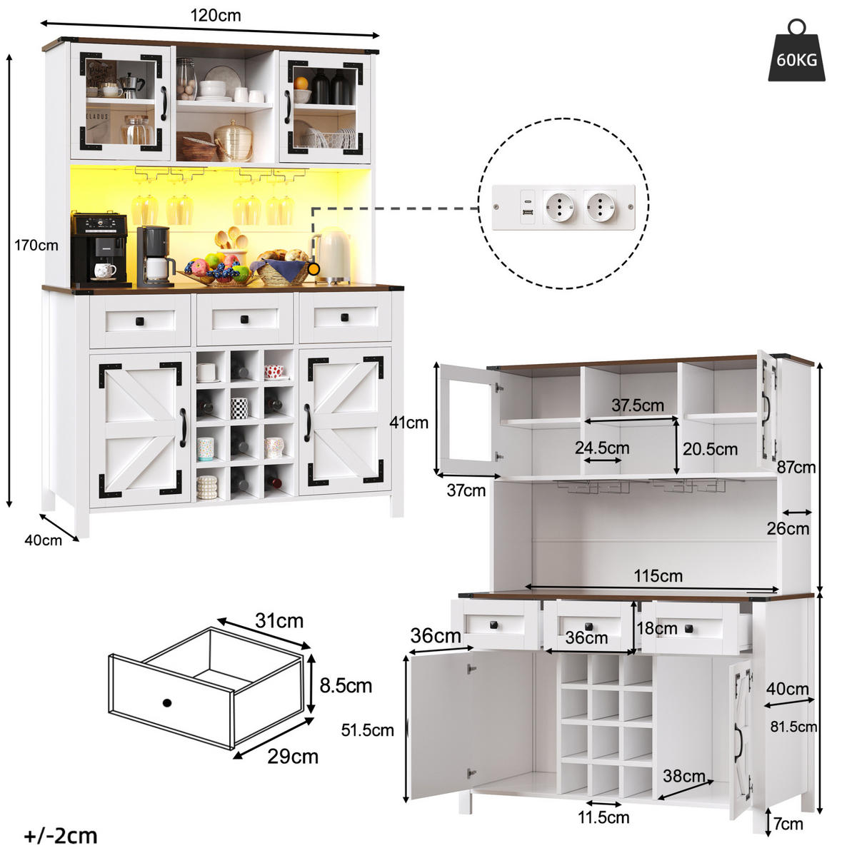 ANRICHTE Küchenschrank 120/40/170 cm aus MDF mit Glas und LED-Beleuchtung Weiß - Weiß, Holzwerkstoff (120/170/40cm) - Modenvie