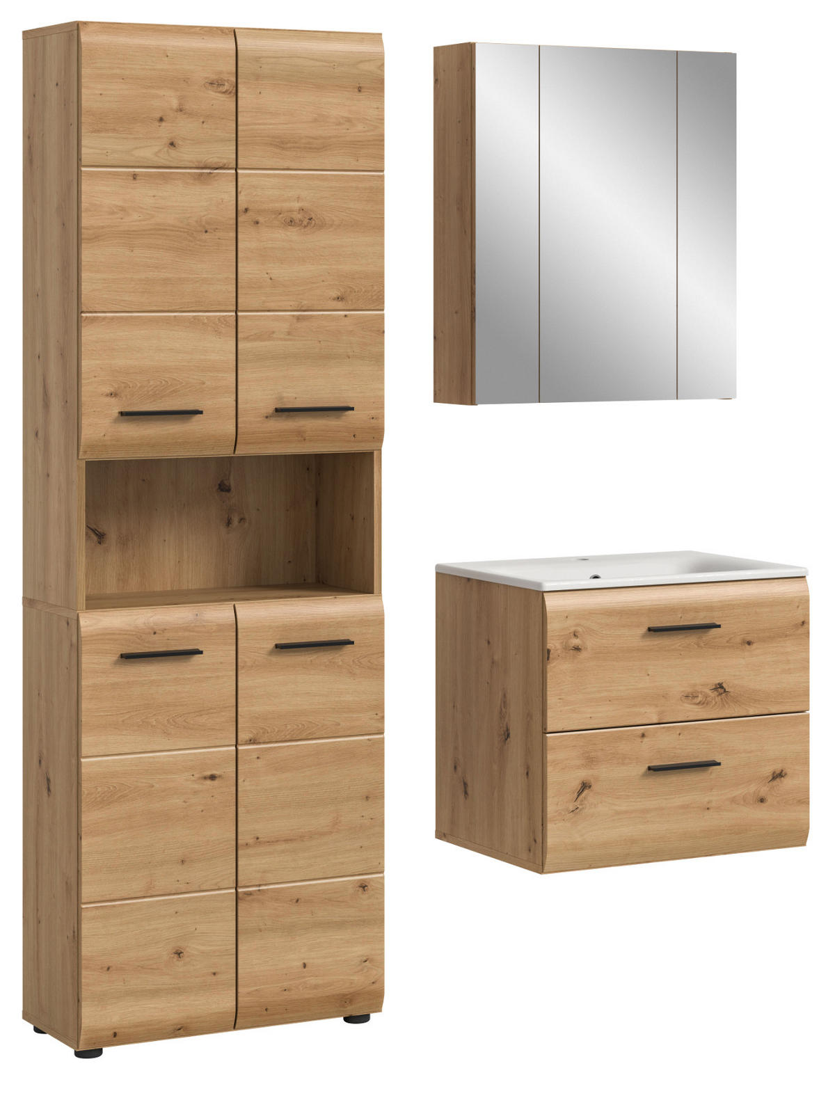 BADMÖBEL-SET 3-teilig in Artisan Eiche, Badkombination mit Waschtisch, 135 x 185 cm Cover - Schwarz/Eiche Artisan, Glas/Keramik (135/185/30cm) - Inn.Furn