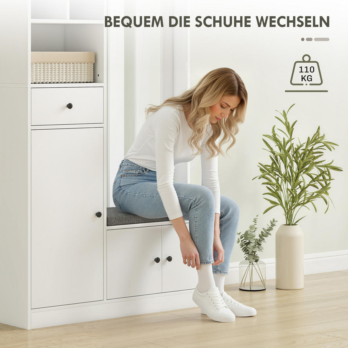 GARDEROBENSCHRANK mit Sitzbank Schuhschrank 4 Haken Weiß - Weiß/Grau, Holzwerkstoff (30/180/100cm) - HOMCOM