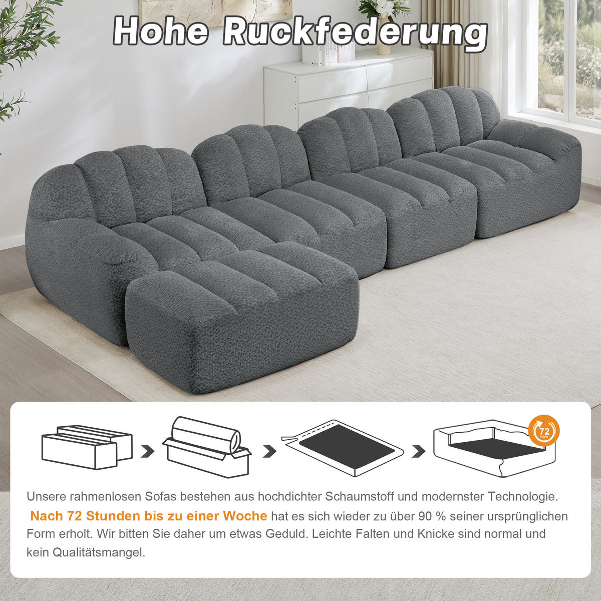 ECKSOFA 366/165/79 cm Grau Granulatvlies mit 1 Fußhocker - Grau, Textil (366/165cm) - Oxeza