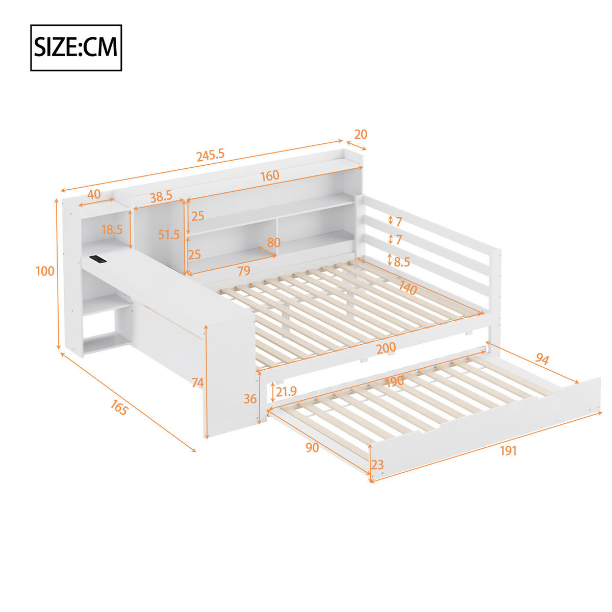 AUSZIEHBETT 140/200 cm DE-01353, in Weiß, mit Schreibtisch und Steckdose - Weiß, Holz (140/200cm) - ComfortXL