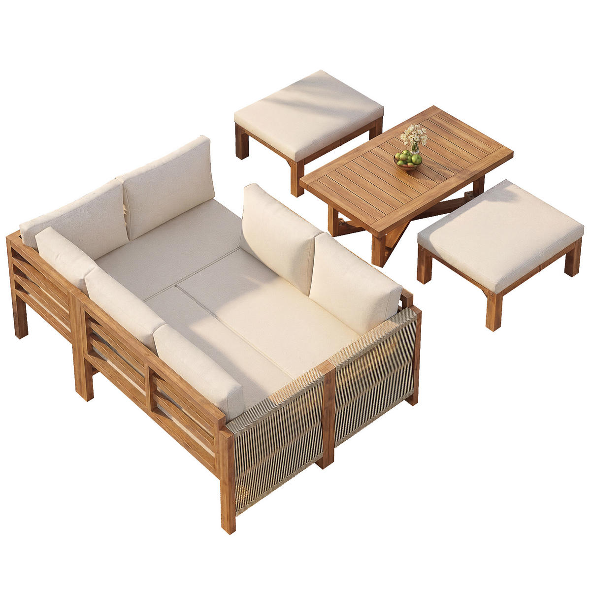 LOUNGESET 227/175/67 cm beige aus Akazienholz modular mit Kissen - Beige, Holzwerkstoff - OKWISH