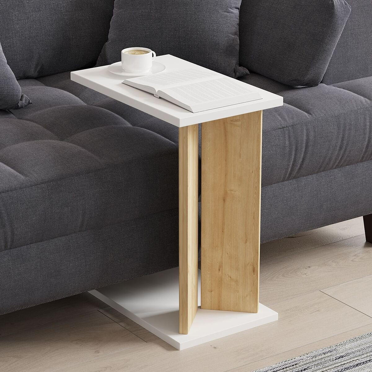 KONCOVÝ stolek k pohovce LUN s policí - béžová, kompozitní dřevo (25/50/48.6cm) - Calicosy