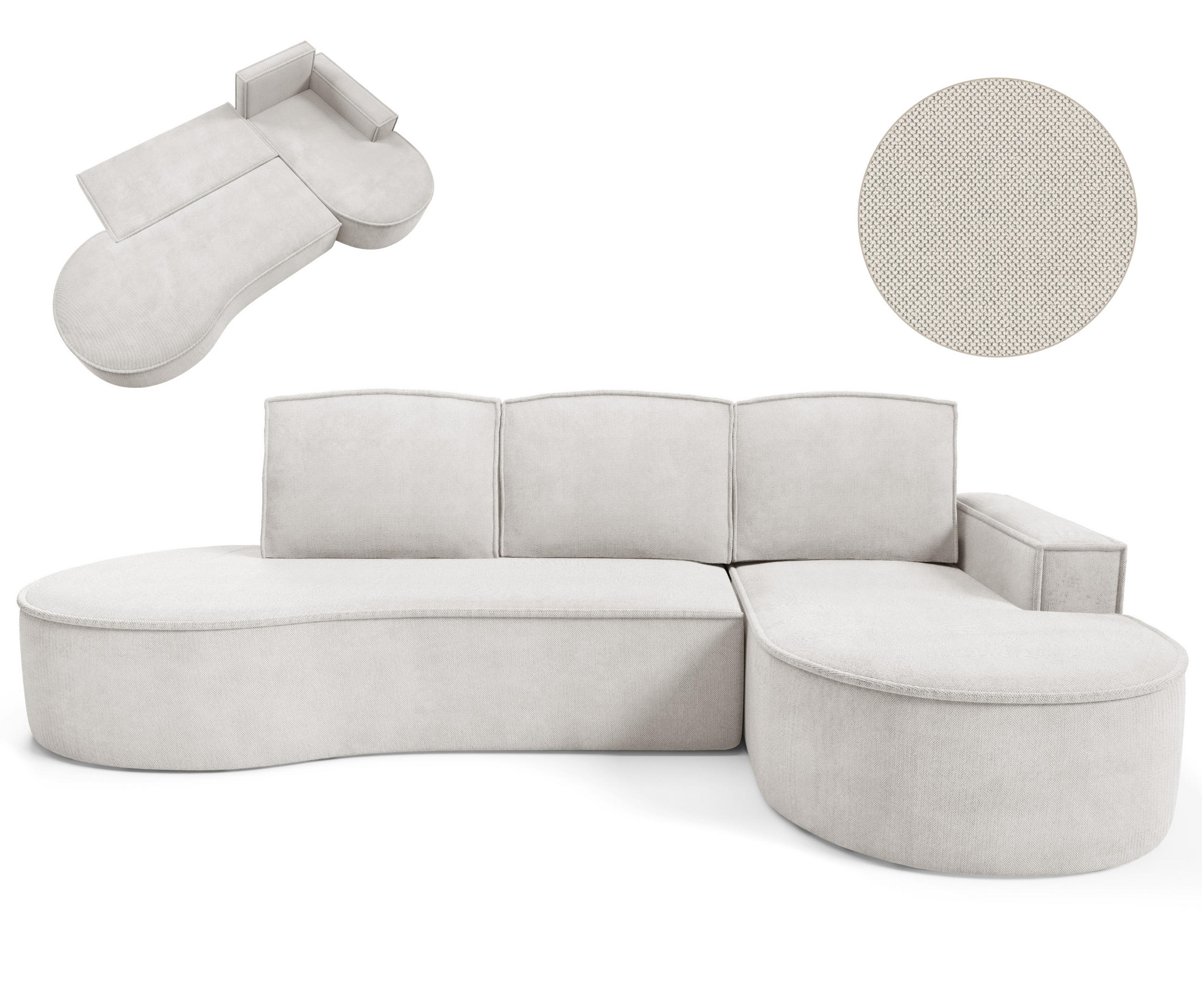ECKSOFA MOLLY mit Schlaffunktion – Halbrund, freistehend, Liegefläche 140x207 cm, 3 Kissen, Curio-Stoff, 277x157x88 cm, Rechts, Weiß - Creme, Holz/Textil (277/157cm) - DomoHome