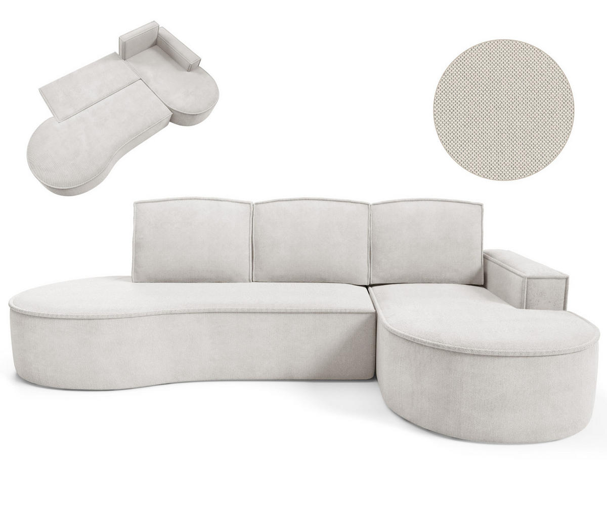 ECKSOFA MOLLY mit Schlaffunktion – Halbrund, freistehend, Liegefläche 140x207 cm, 3 Kissen, Curio-Stoff, 277x157x88 cm, Rechts, Weiß - Creme, Holz/Textil (277/157cm) - DomoHome