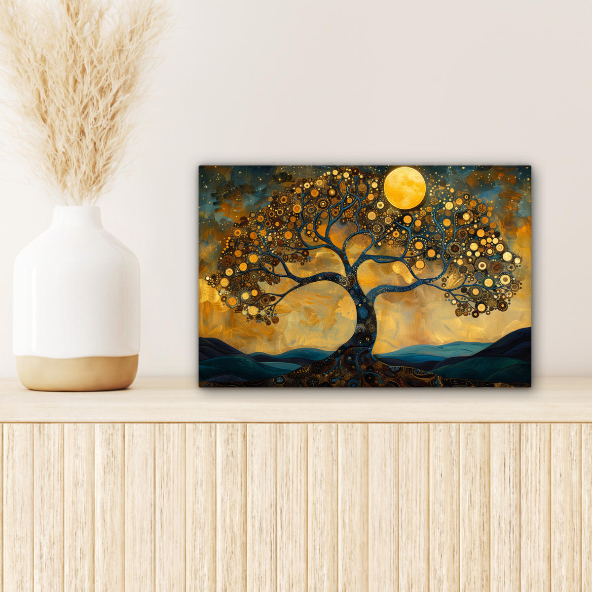 LEINWANDBILD Baum - Mond - Blumen - Gold - Kunst 30x20 cm - Orange, Textil (30/20cm) - MuchoWow
