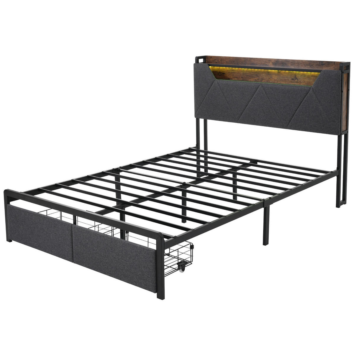 POLSTERBETT mit Stauraum, LED und USB 140x200 cm Leinen Grau mit Matratze - Grau, Metall (140/200cm) - Meubliv