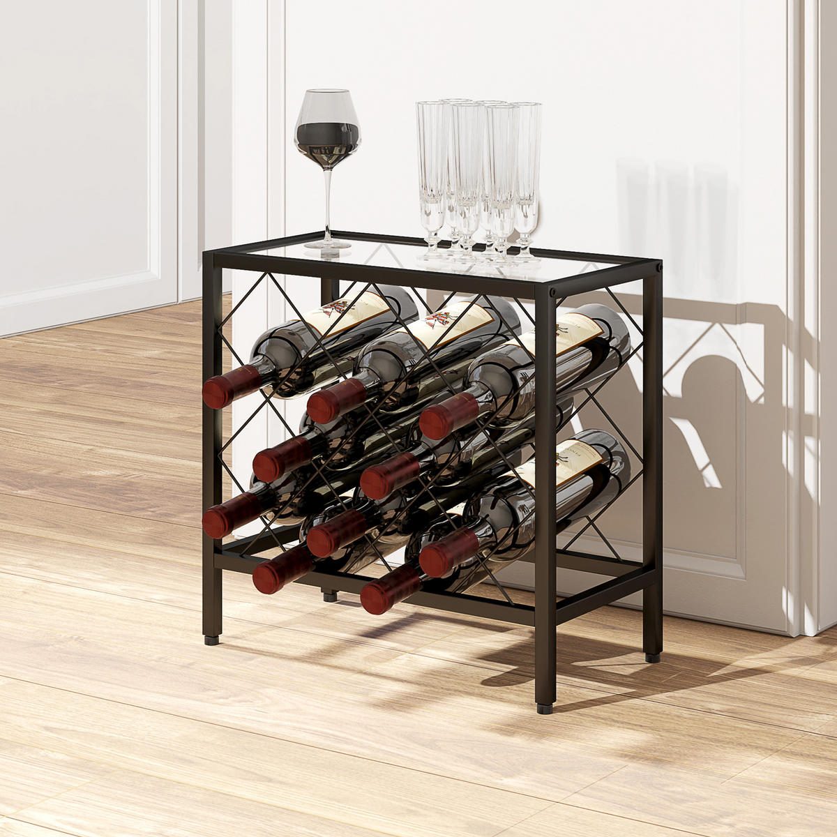 WEINREGAL, schwarzer Stahl, 10 Flaschen, Glasplatte, 41x22x41cm - Multicolor, Metall (41/41/22cm) - FORIOUS