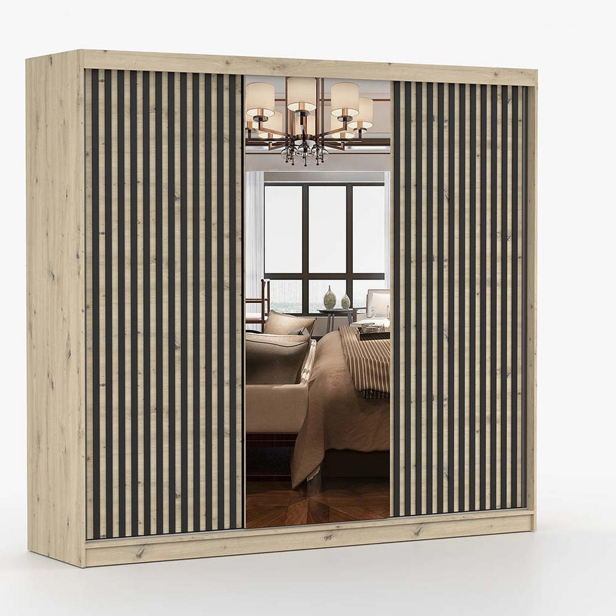 SCHWEBETÜRENSCHRANK 233/218/61 cm 3-türig Werona L Artisan Eiche, Artisan Eiche - Schwarz/Eiche Artisan, Holzwerkstoff/Metall (233/218/61cm) - imoebel24
