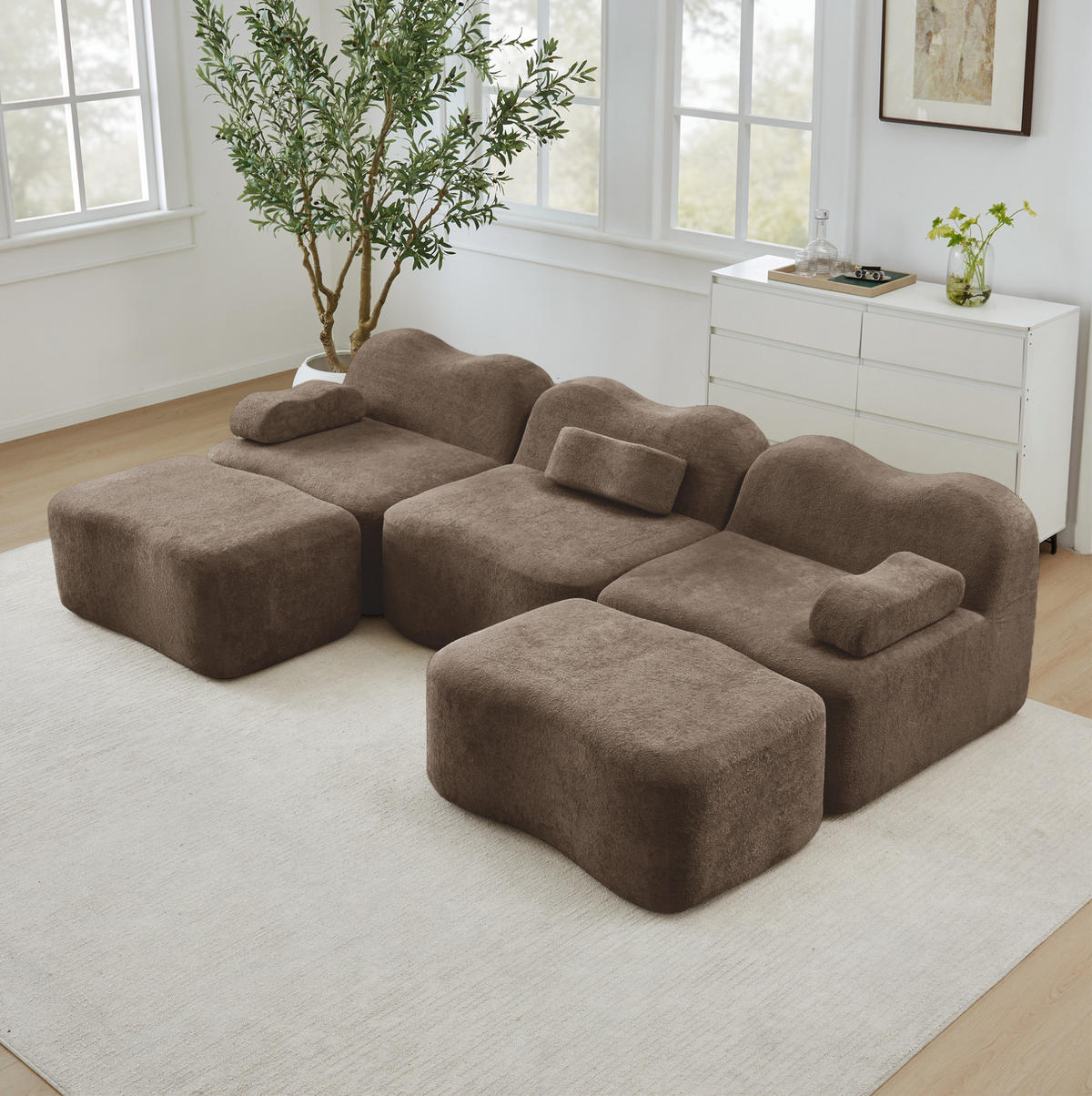 ECKSOFA 288/167/70 cm modular braun aus Samt mit tiefer Sitzfläche und 2 Hockern - Braun, Textil (167/288cm) - OKWISH