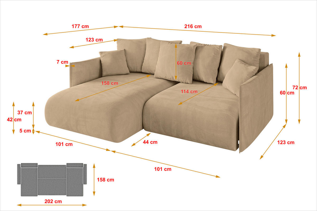 ECKSOFA Ottomane links ONESK-L 216x177x72 Beige Velours - Beige, Holzwerkstoff/Kunststoff (216/177cm) - ALTDECOR