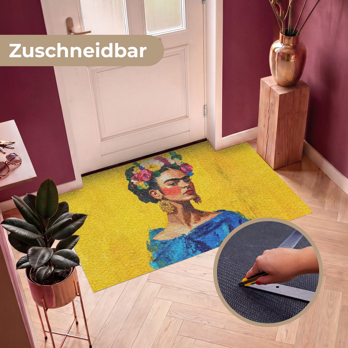 FUSSMATTE Frida Kahlo - Frau - Gelb - Blau - Blumen Schmutzfangmatte 150x90 cm - Gelb, Kunststoff (150/90cm) - MuchoWow