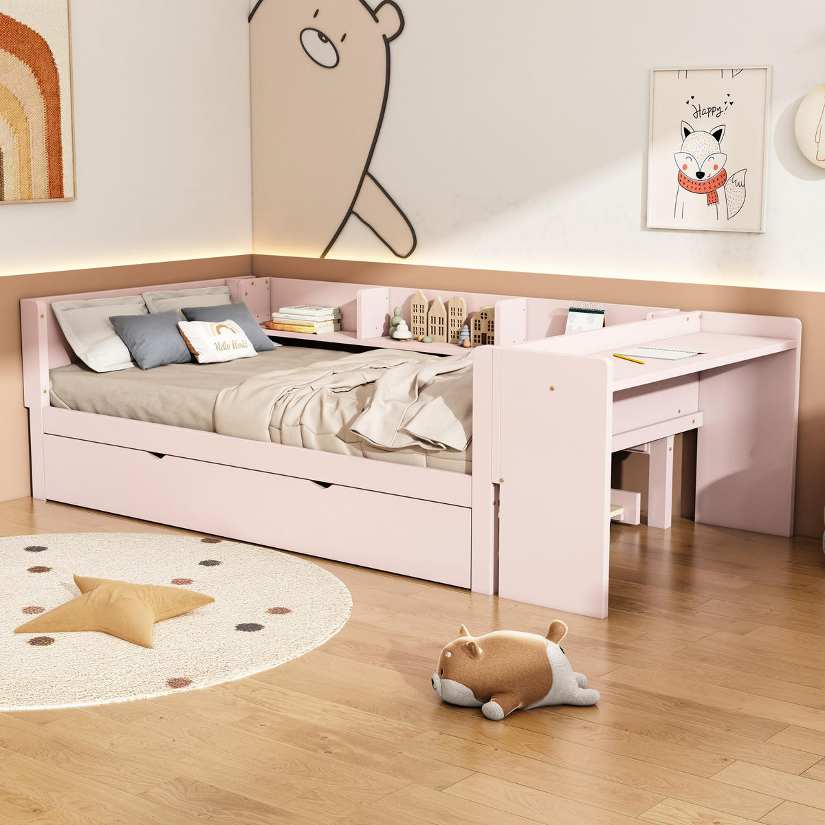 FLACHBETT 90x200cm Rosa mit Ausziehbett Schreibtisch 3 Regale - Pink, Holz (90/200cm) - FLIEKS
