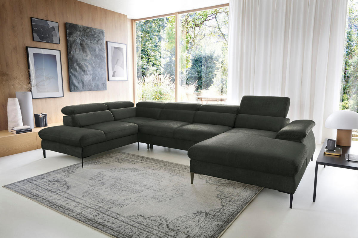 ECKSOFA U-Form 350 cm Amaro M mit Schlaffunktion, Rechts, Grün - Grün, Holz (353/214cm) - Emporius