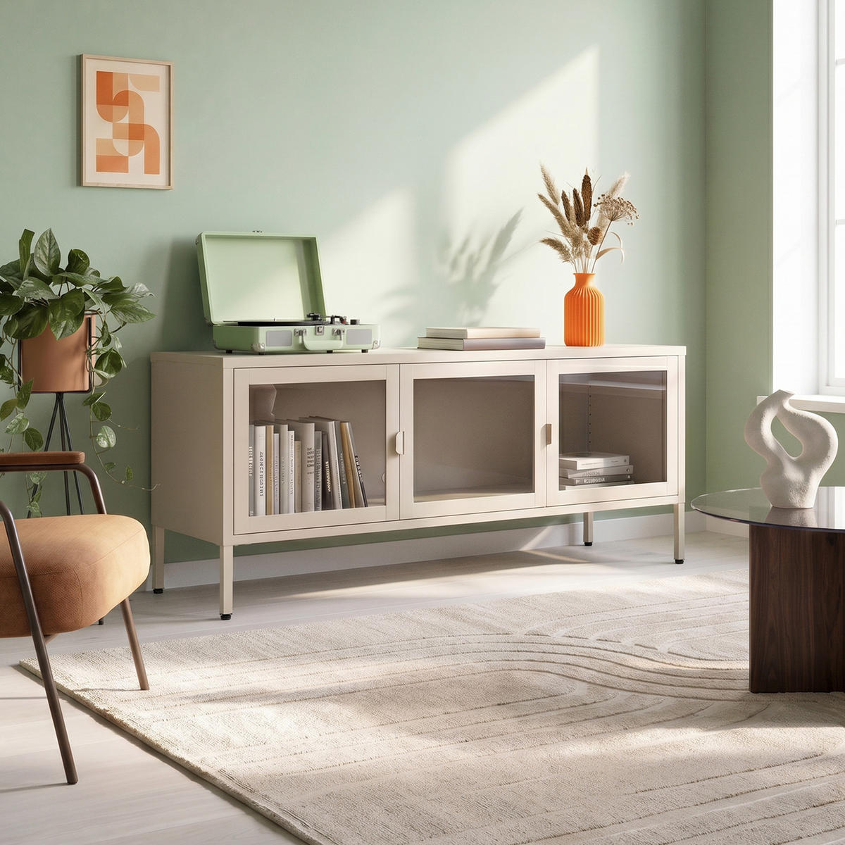 TV-STÄNDER Metall industriell EZRA, 130 cm, 3 Türen, Beige und Sicherheitsglas - Beige, Metall (130/55/40cm) - Sicaan