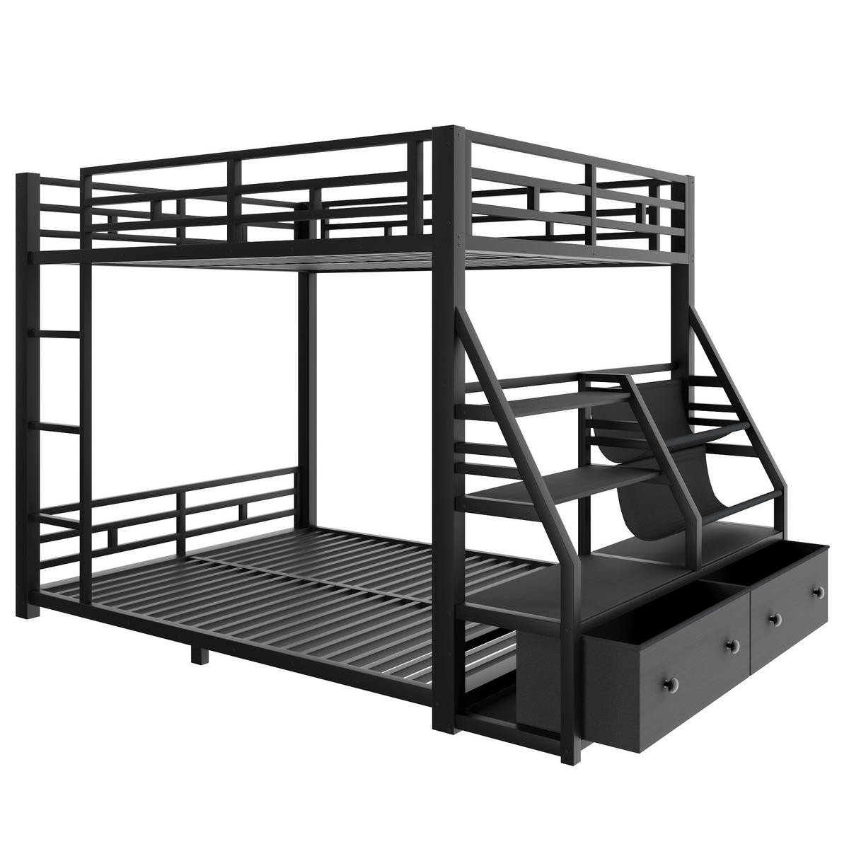 ETAGENBETT 140x200cm mit LED-Beleuchtung, mit 2 Stoffschubladen, Schwarz - Schwarz, Metall (140/200cm) - KOMHTOM