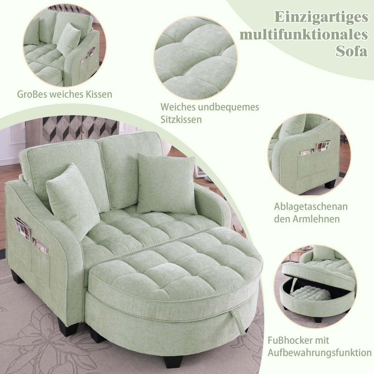 SCHLAFSOFA 2 in 1 Sofa mit Schlaffunktion,Hocker und Stauraum Stoffbezug Grün - Grün, Textil (129/93/132cm)