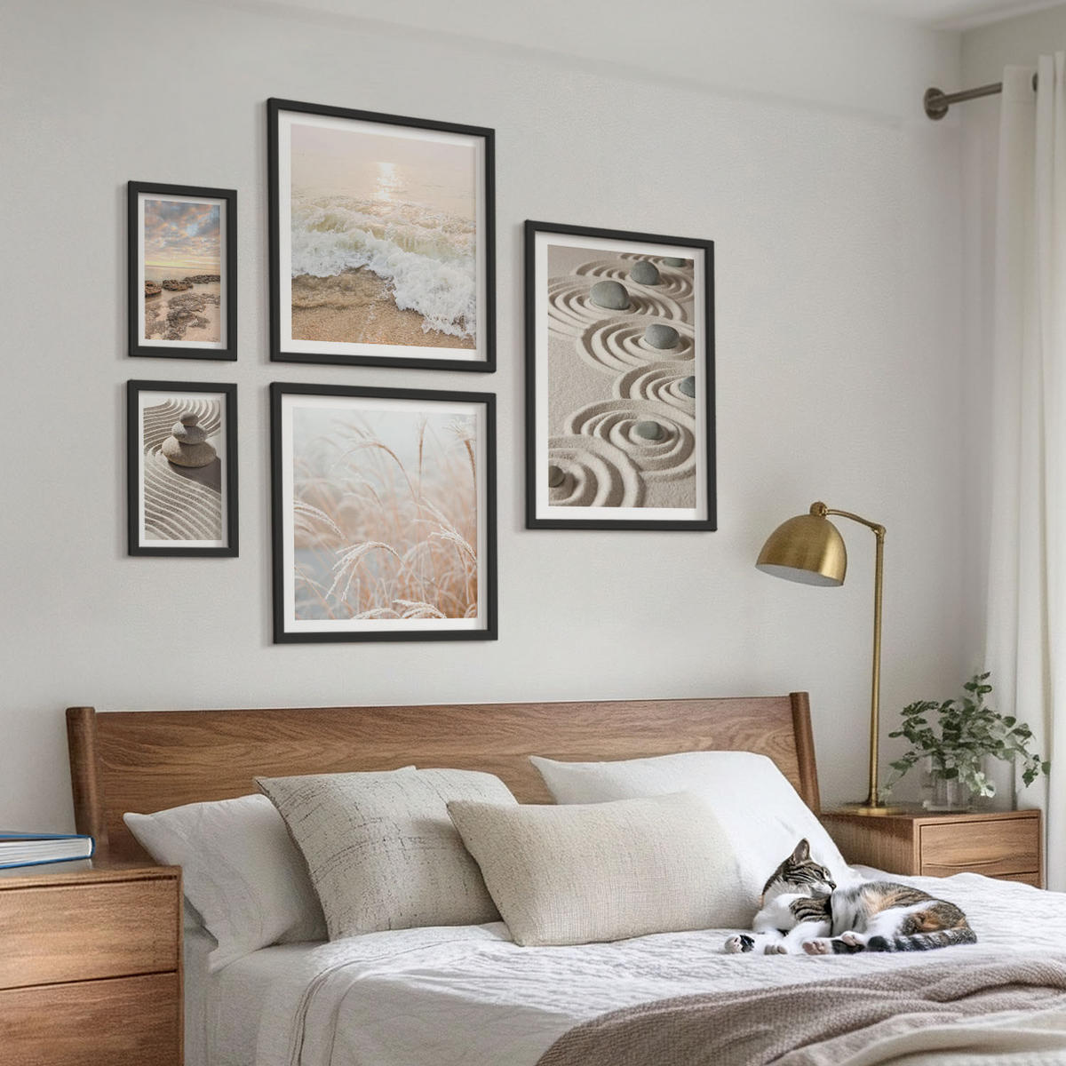 BILDER SET 5er Set - 50x50 cm & 20x30 cm & 40x60 cm Schwarzer Rahmen - Blumen im Wasser des Buddha-Wasserfalls - Schwarz, Kunststoff (40/60cm) - TULUP