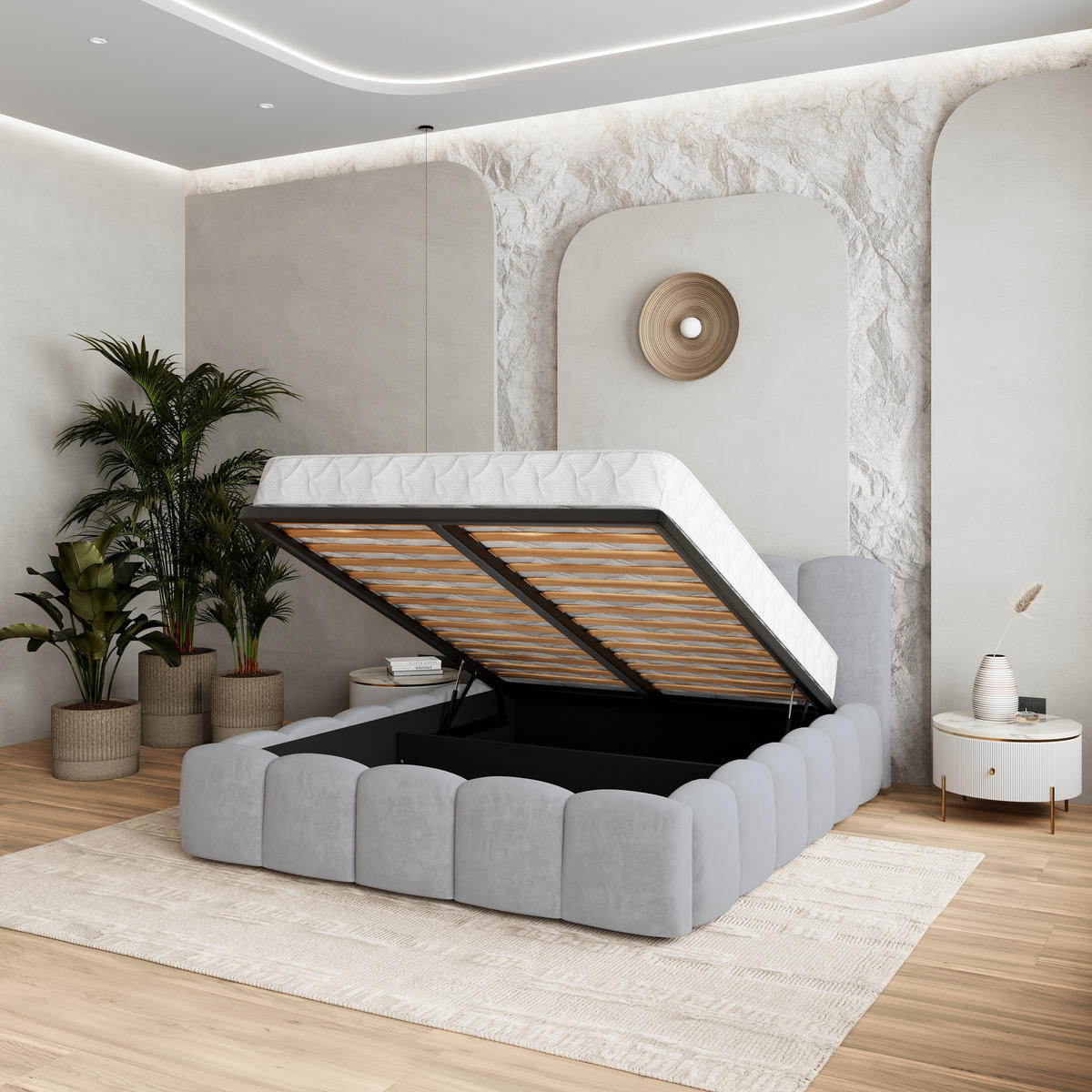 POLSTERBETT FALINA 160x200 cm mit Bettkästen - Hellgrau - Hellgrau, Holz (160/200cm) - MASSENO