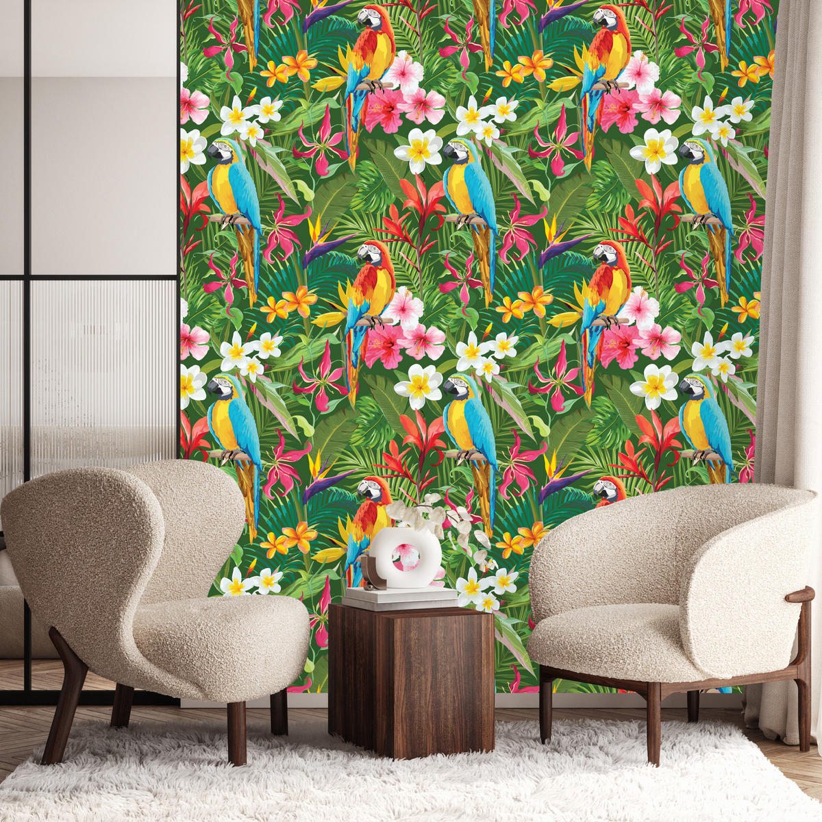 VLIESTAPETE Tropische Papageien – Grün, Bunt – 50x1000 cm - Multicolor/Grün, Papier (50/1000cm) - Muralo
