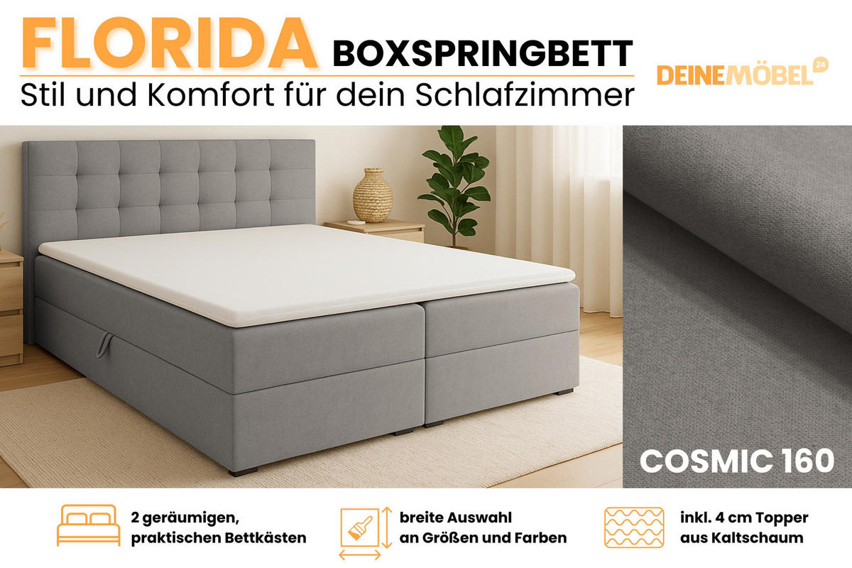 BOXBETT FLORIDA 180/200 in Velour Hellgrau - Hellgrau, Holz/Holzwerkstoff (180/200cm) - Deine Möbel 24