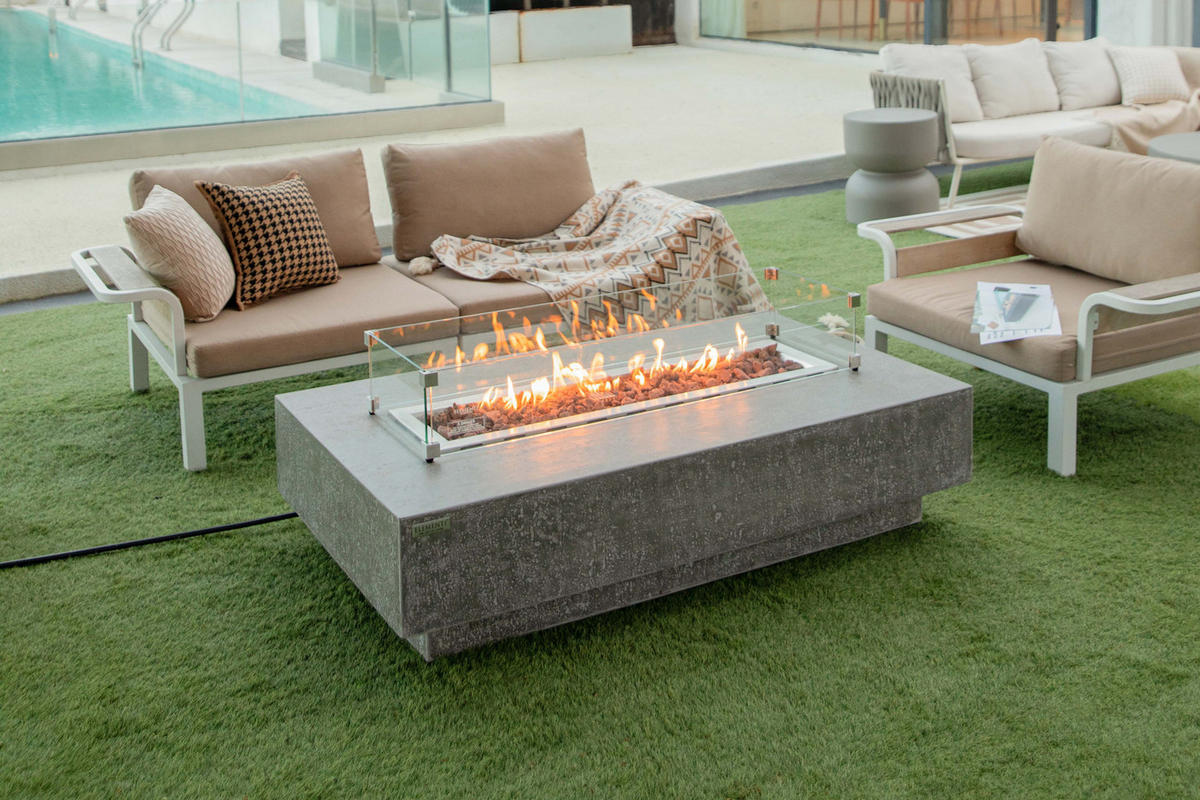 FEUERTISCH HAMPTON Gasfeuerstelle aus GFRC-Beton 142/81/35 cm - Hellgrau, Stein (81/35/142cm) - Elementi