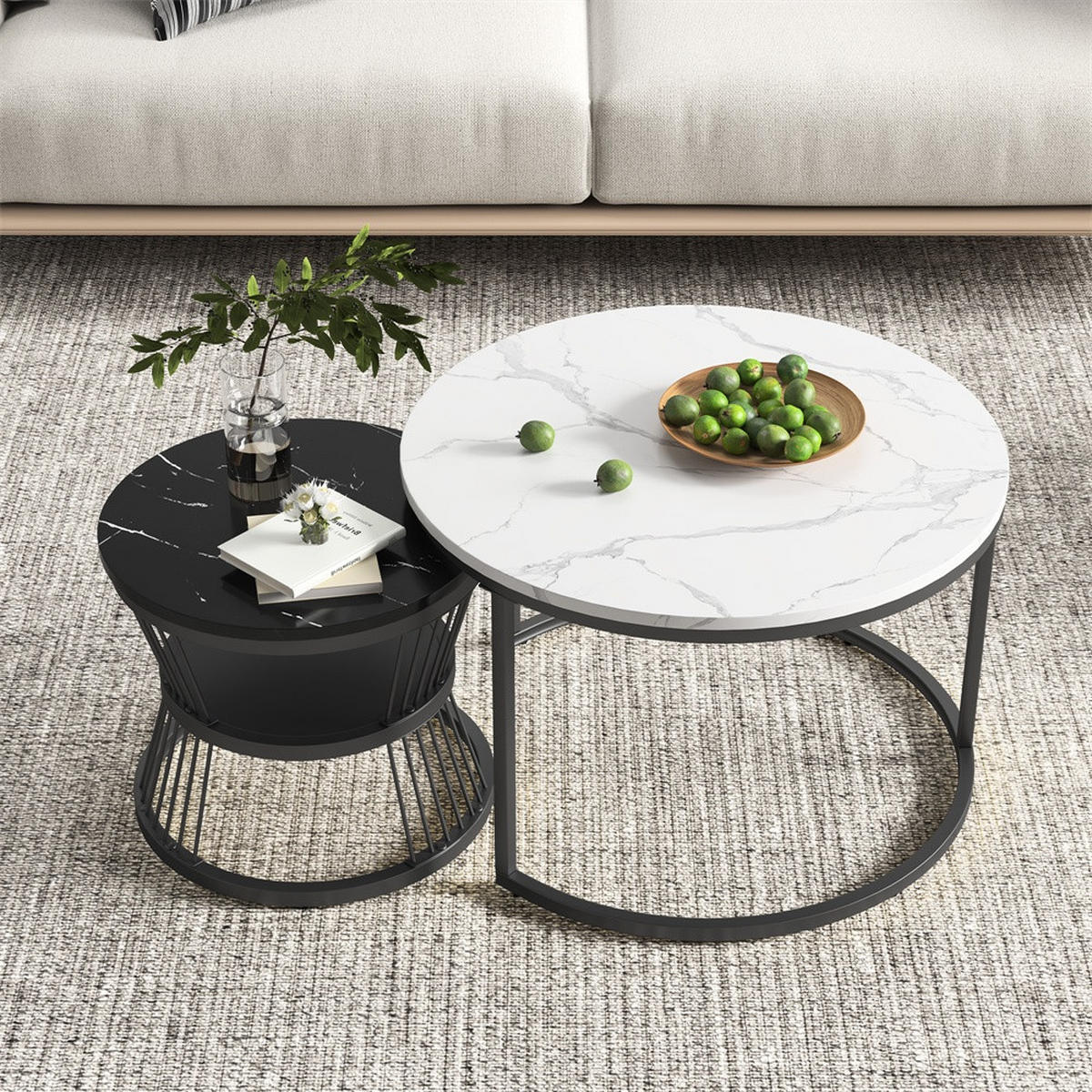 COUCHTISCH 2er-Set - Runder Couchtisch - Durchmesser 70 cm und Durchmesser 45 cm - Weiß und Schwarz - Schwarz, Holzwerkstoff (70/70/45cm) - DELFA