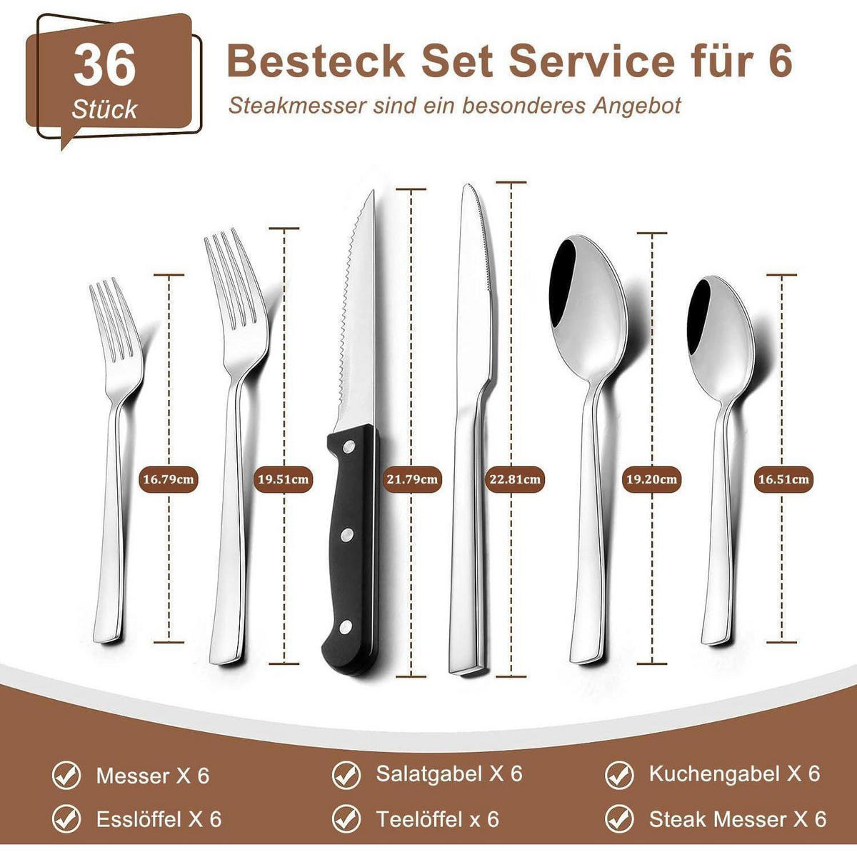 BESTECKSET 36-teiliges Set für 6 Personen Edelstahl mit Steakmessern - Silberfarben, Metall