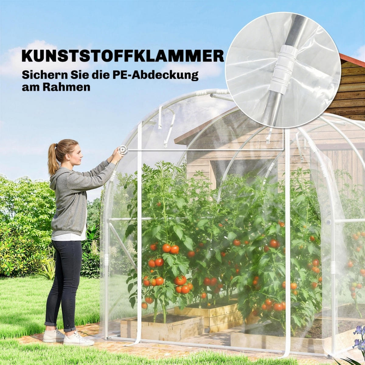 GEWÄCHSHAUS begehbar Stahlrahmen PE Abdeckung transparent - Transparent, Metall (295/195/195cm) - Fortuna Lai