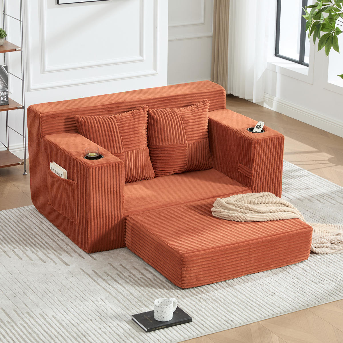 1,5-SITZER ausklappbar, Getränkehalter/Seitentasche, Cord, Orange - Orange, Textil (133/64/87cm) - LVHOM