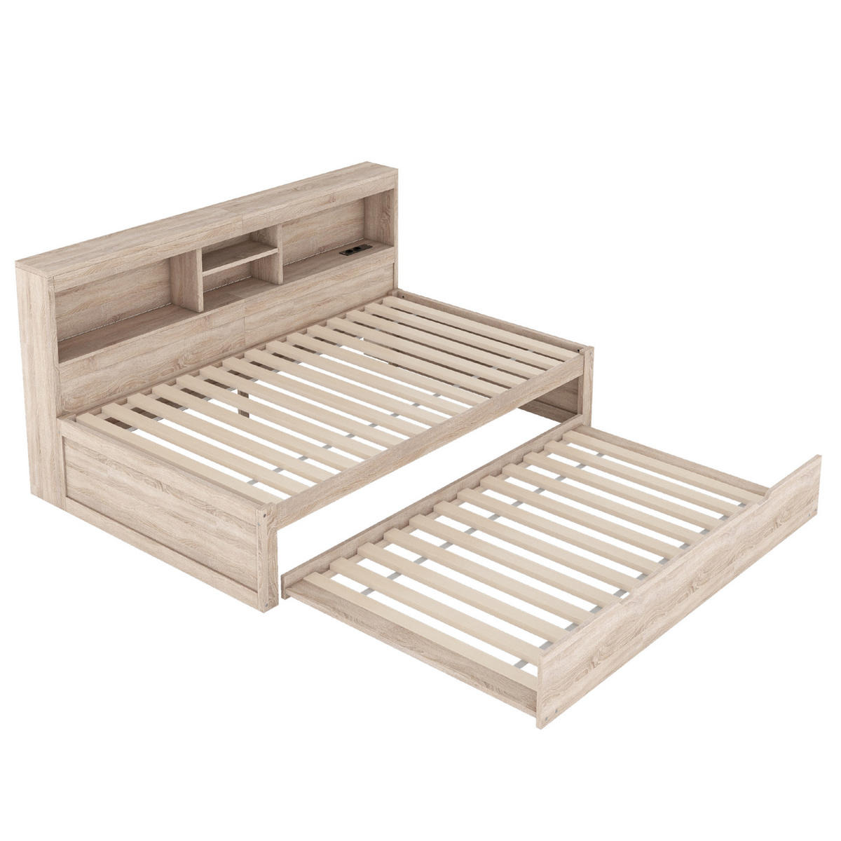 TAGESBETT aus Spanplatte und MDF 90x200 cm Natur mit LED-Beleuchtung, USB-Anschluss, Steckdose, Ausziehbett und Stauraum - Naturfarben, Holzwerkstoff (90/200cm) - Modfu