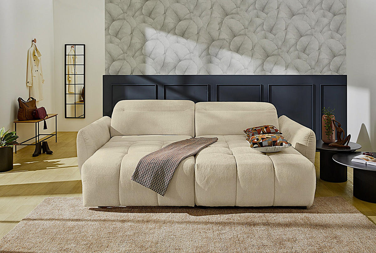 ECKSOFA mit elektrische Sitztiefenverstellung, Kopflehnen verstellbar, USB-C und -A Ladefunktion B260/T191/H106 cm, Flachgewebe Beige / 15405 - Beige/Multicolor, Kunststoff/Textil (260/191cm) - luma-home