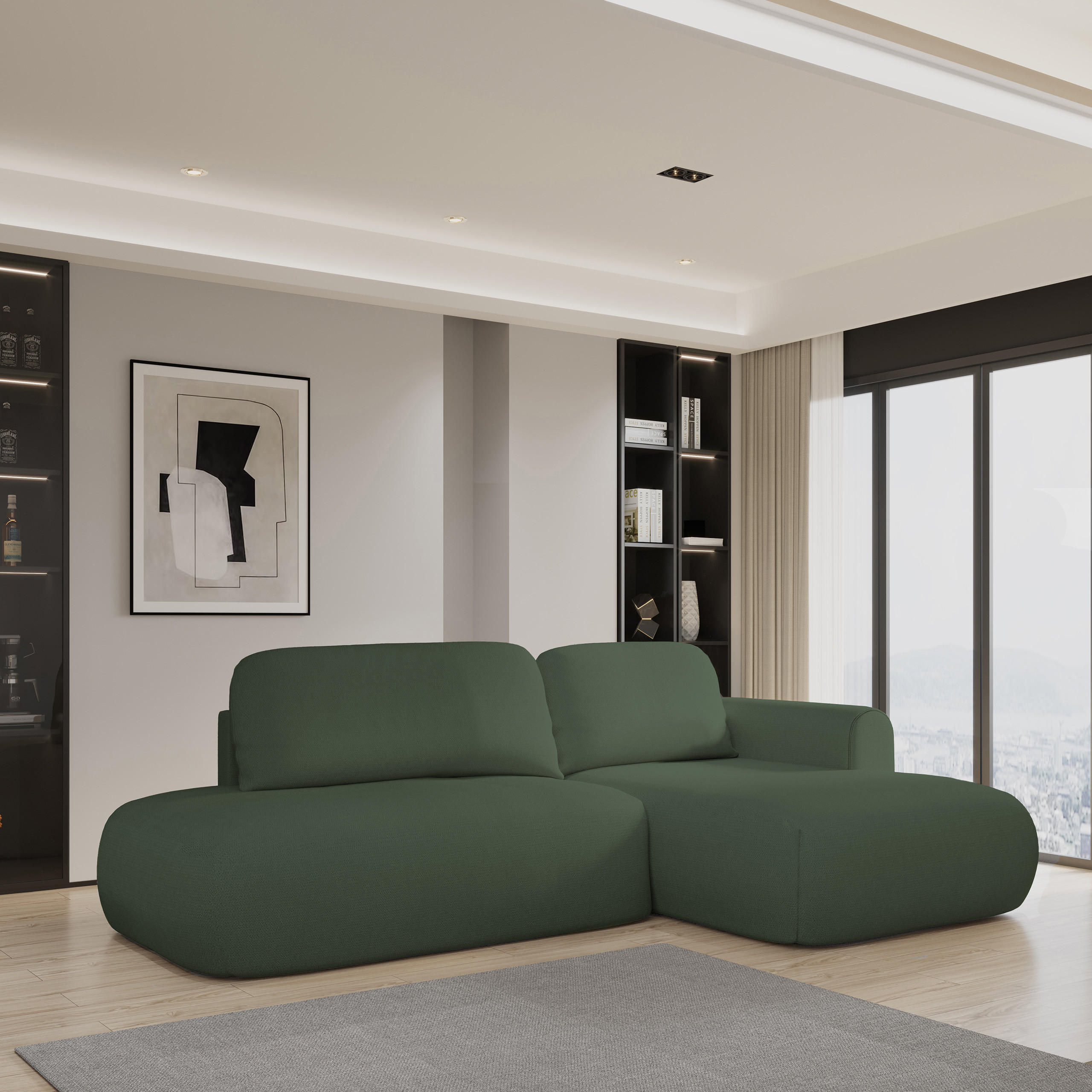 ECKSOFA NUVIRA R-S Grün Geflochtener Stoff mit Schlaffunktion - Grün, Holz (274/165cm) - MASSENO