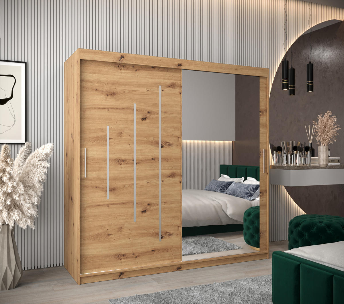 SCHWEBETÜRENSCHRANK 200/200/62 2-türig - Silberfarben/Eiche Artisan, Holz/Kunststoff (200/200/62cm) - Abiks Möbel