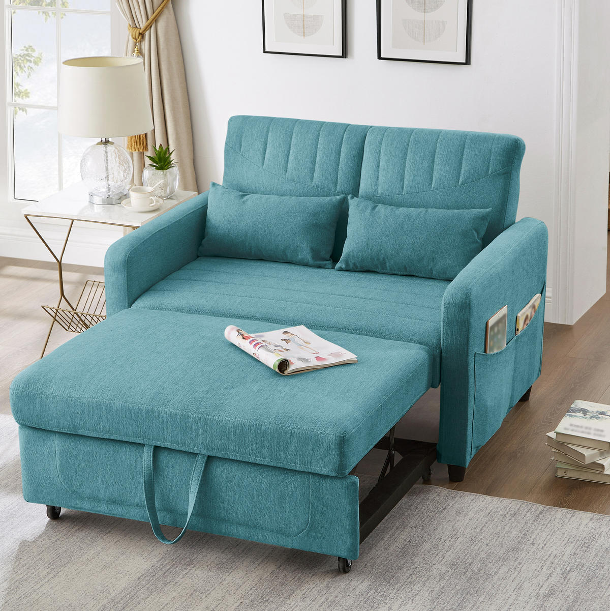 SCHLAFSOFA aus Baumwoll-Leinen-Stoff 166x95 cm Antik Blaugrün mit Ausziehfunktion, 3-fach verstellbarer Rückenlehne und 2 Kissen - Petrol, Kunststoff (114/82.5/77cm) - Modfu