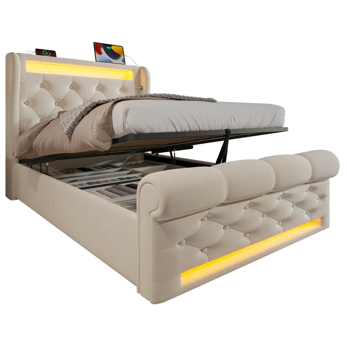 POLSTERBETT 90/200 cm in Beige mit LED-Beleuchtung und USB- und Type-C-Anschlüssen - Beige, Textil (90/200cm) - Flora Grace
