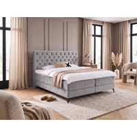 BOXBETT Amber Hellgrau 160/200 cm Samt mit Bettkasten, mit Matratze, mit Premium Topper H2/H3 - Hellgrau/Schwarz, Textil (160/200cm) - wonello