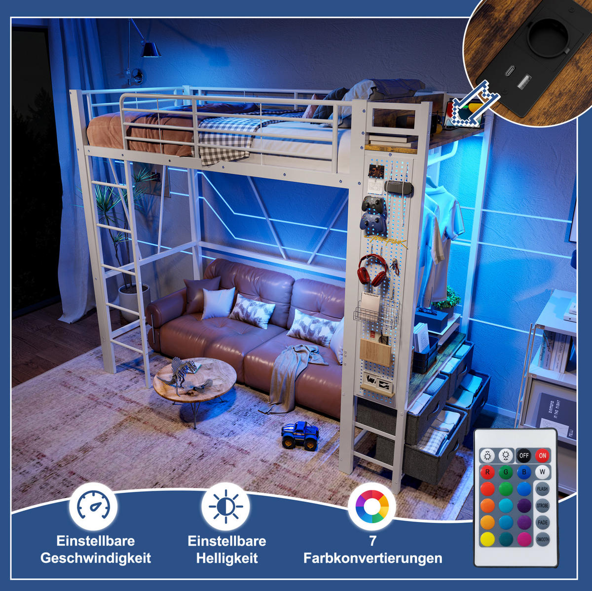 HOCHBETT 90/200 cm Weiß aus Metall mit LED-Leiste - Weiß, Metall (90/200cm) - OKMYHOME