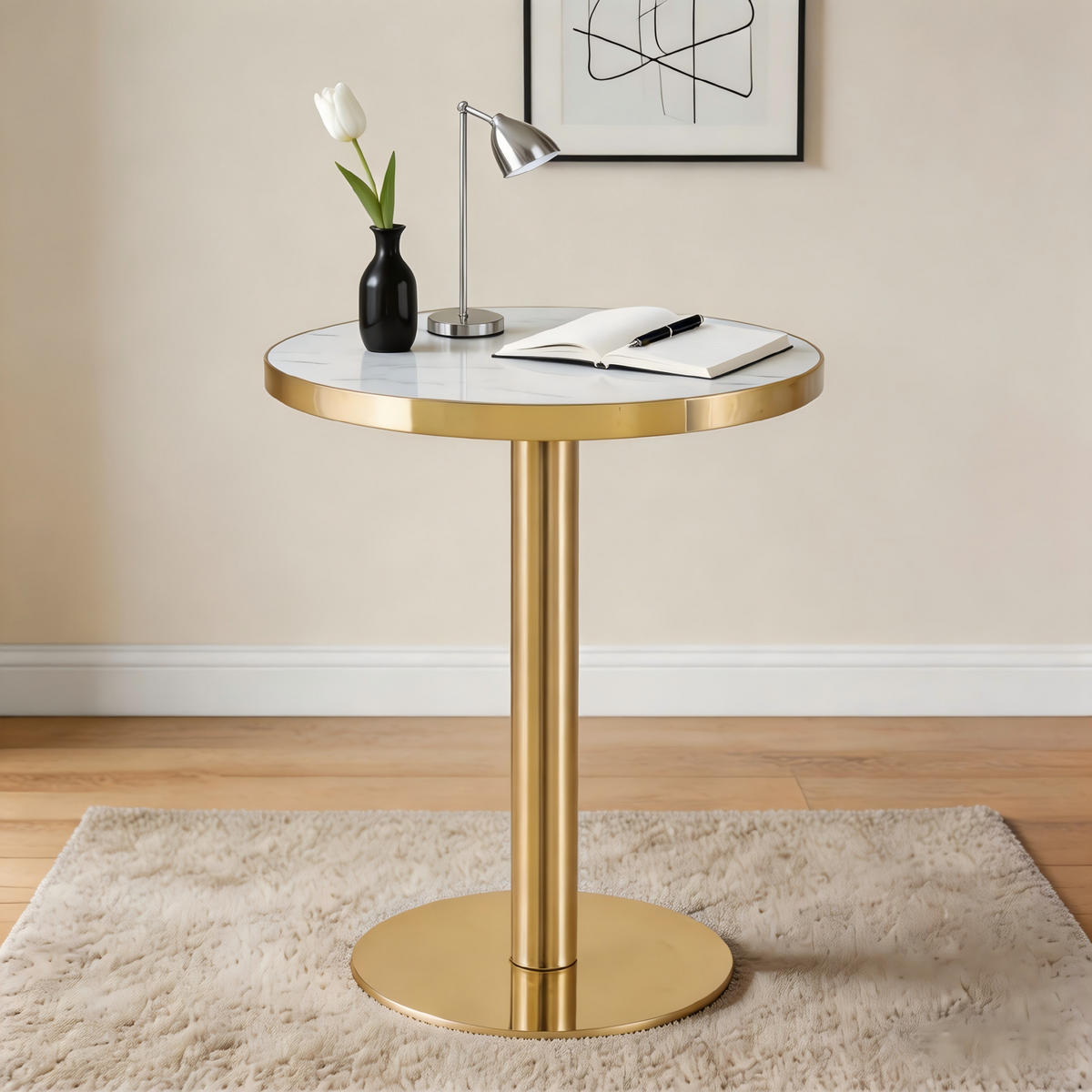 COUCHTISCH Beistelltisch rund mit Marmoroptik und Gold Edelstahlfuß, UV Beschichtung, kompakt Wohnzimmer Büro modern - Goldfarben/Weiß, Holzwerkstoff/Metall (60/60/74cm) - EVRYAE