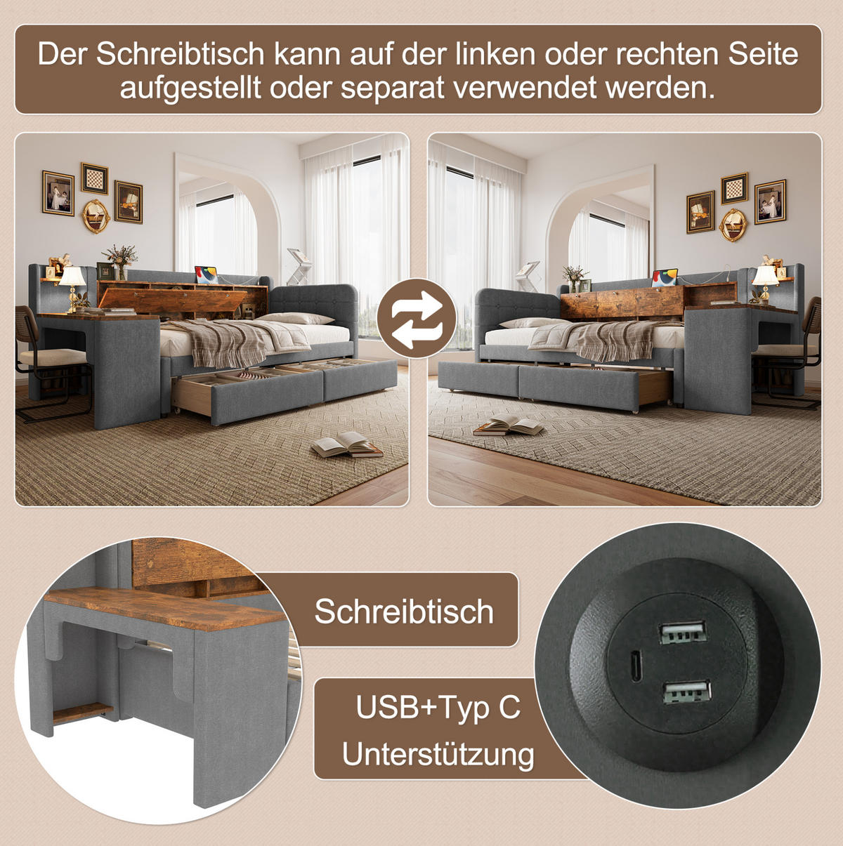 POLSTERBETT 90/200 cm Grau mit 2 Schubladen, Schreibtisch und USB - Grau, Textil (90/200cm) - Flora Grace