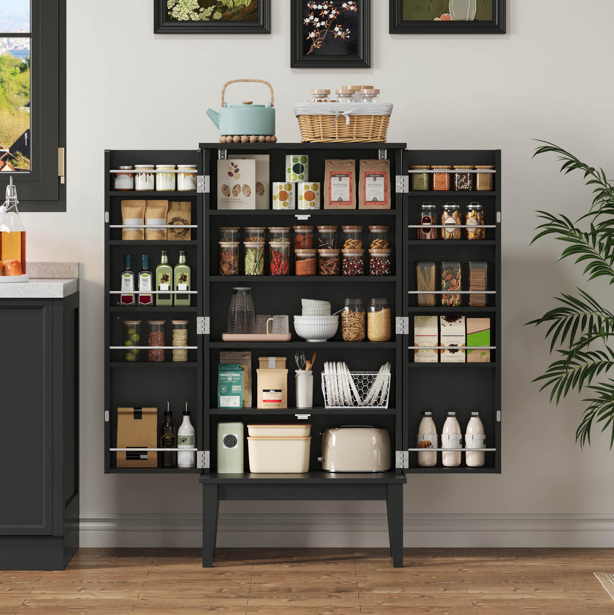 BUFFET 120/59/30 cm aus MDF mit 5 Fächern und Türablagen Schwarz - Schwarz, Holzwerkstoff (59/120/30cm) - Modenvie