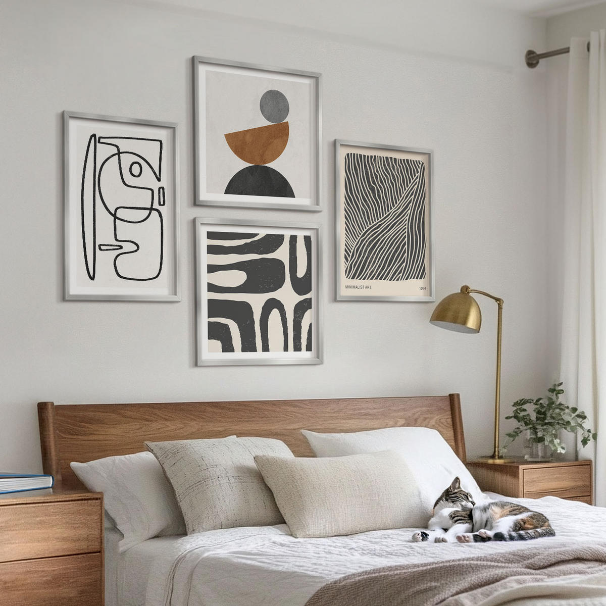 BILDER SET 4er Set - 50x50 cm & 40x60 cm Silberner Rahmen - Abstrakte Muster mit Linien - Silberfarben, Kunststoff (50/50cm) - TULUP