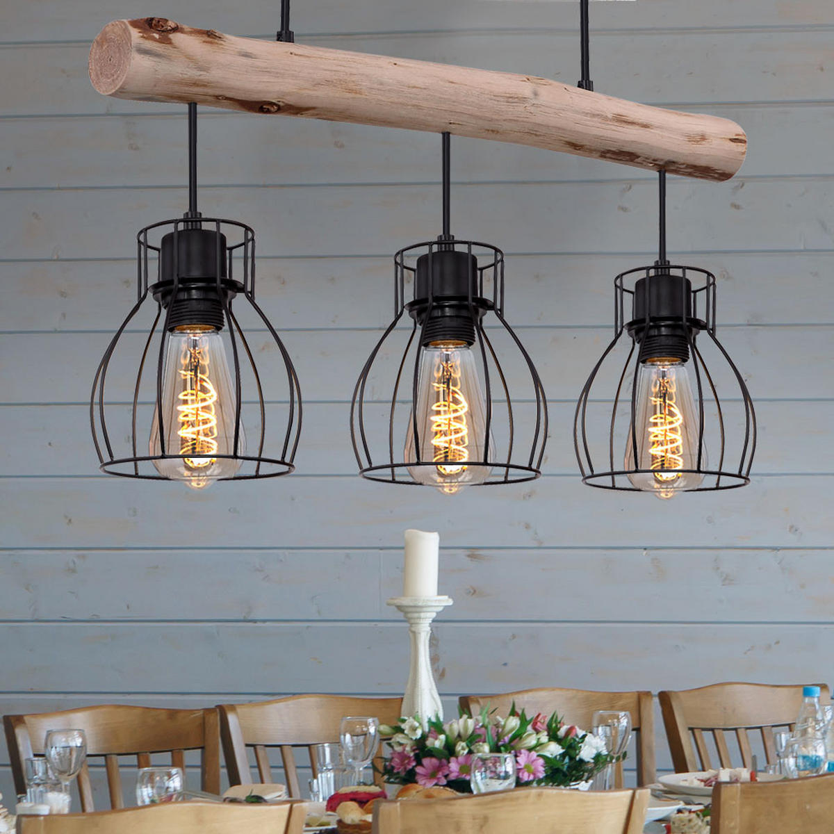 HÄNGELEUCHTE Metall Braun Holzoptik - Braun, Holz (60/13.6/140cm)