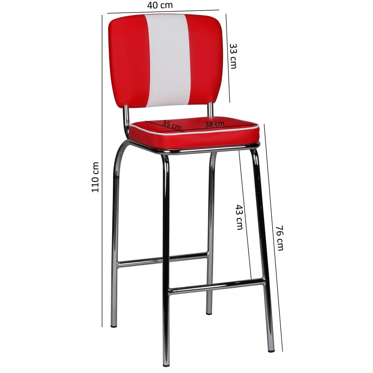BARHOCKER Kunstleder Chromfuß Retro, Rot 40x38x110 cm - Rot/Silberfarben, Kunststoff/Textil (40/110/38cm) - KADIMA DESIGN