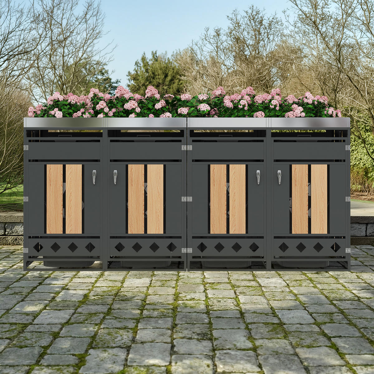 MÜLLTONNENBOX 4 Türen Holzoptik abschließbar Pflanzdach - Multicolor, Metall (160/163/264cm) - FLIEKS