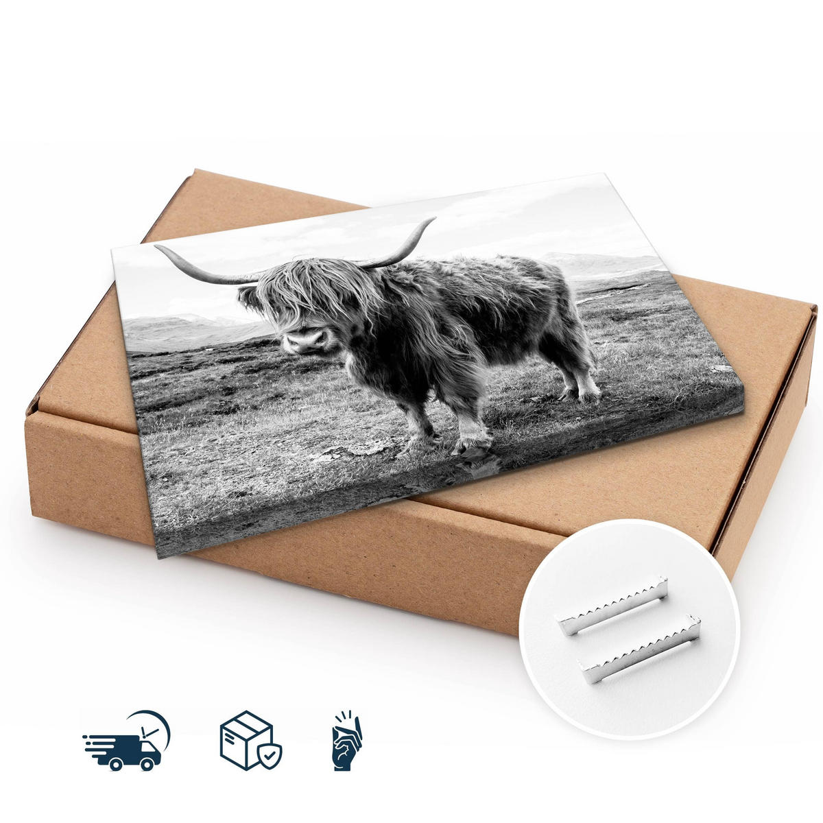 LEINWANDBILD Für Wohnzimmer Schottische Kuh Tier Natur 3D 100/70 cm - Schwarz/Weiß, Textil (100/70cm) - Muralo