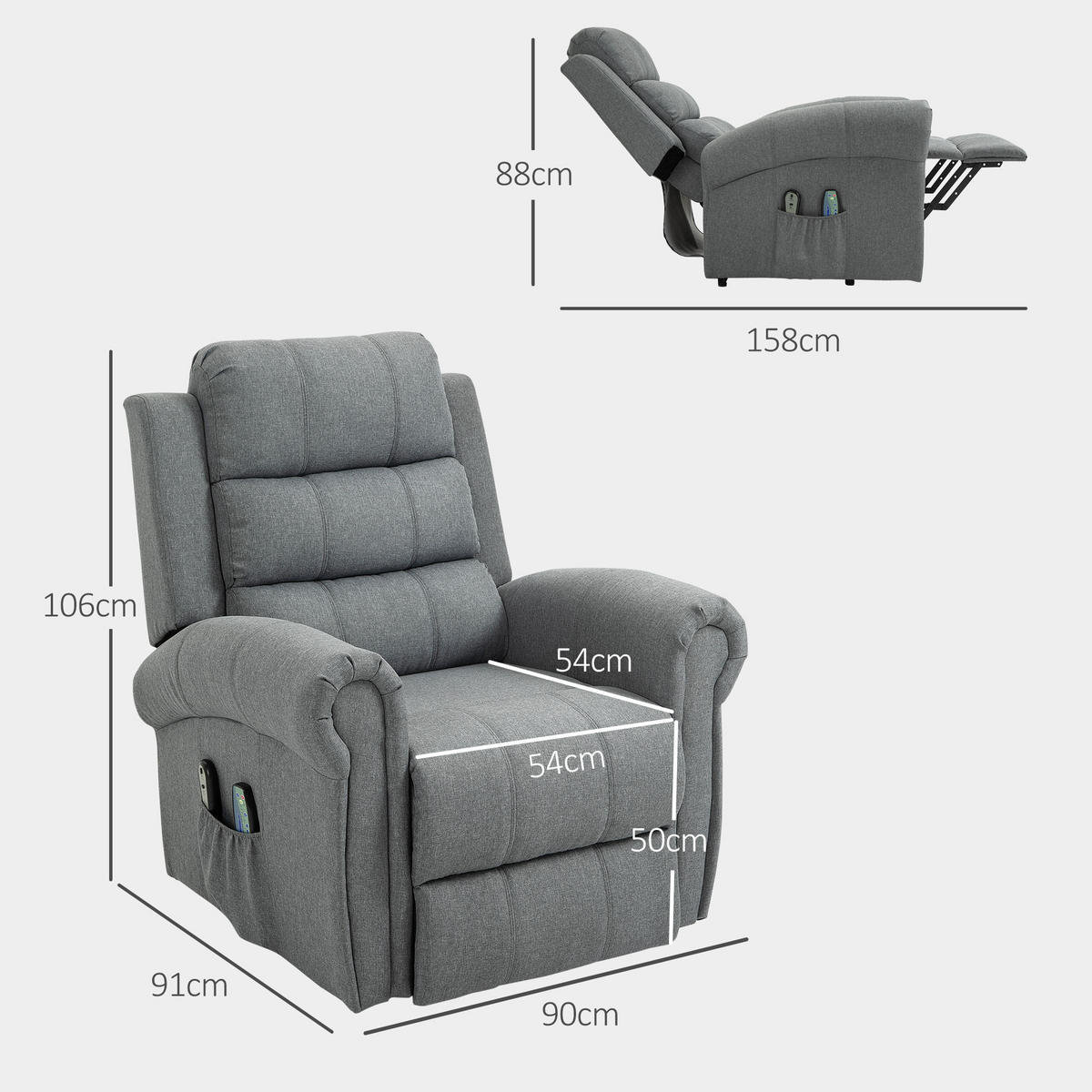 FERNSEHSESSEL mit Aufstehhilfe Relaxsessel mit Liegefunktion, Heizfunktion - Hellgrau/Schwarz, Textil/Metall (89/106/91cm) - HOMCOM