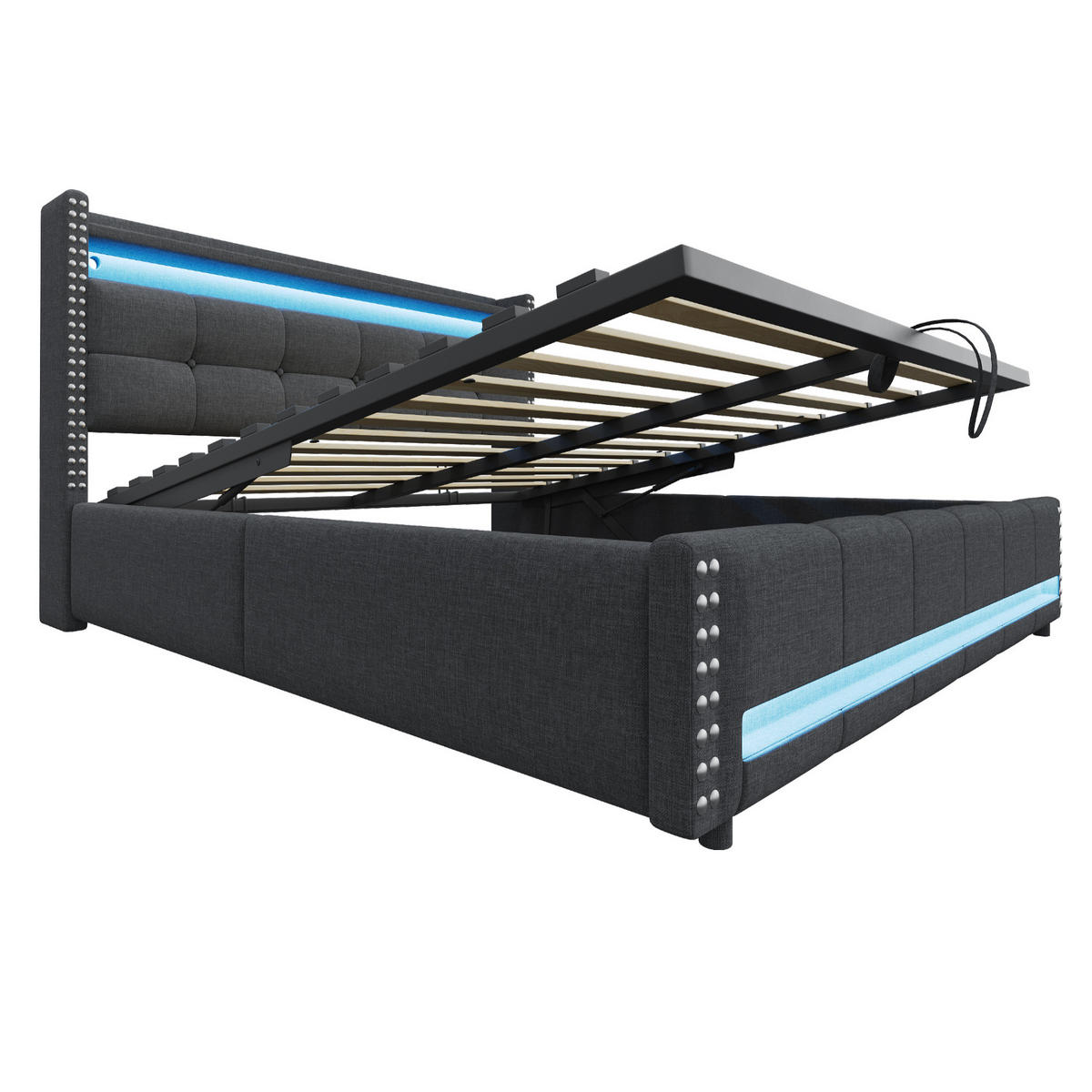 ČALÚNENÁ posteľ z ľanovej tkaniny 180x200 cm sivá s LED, USB a hydraulickým úložným priestorom - sivá, textil (180/200cm) - Modfu