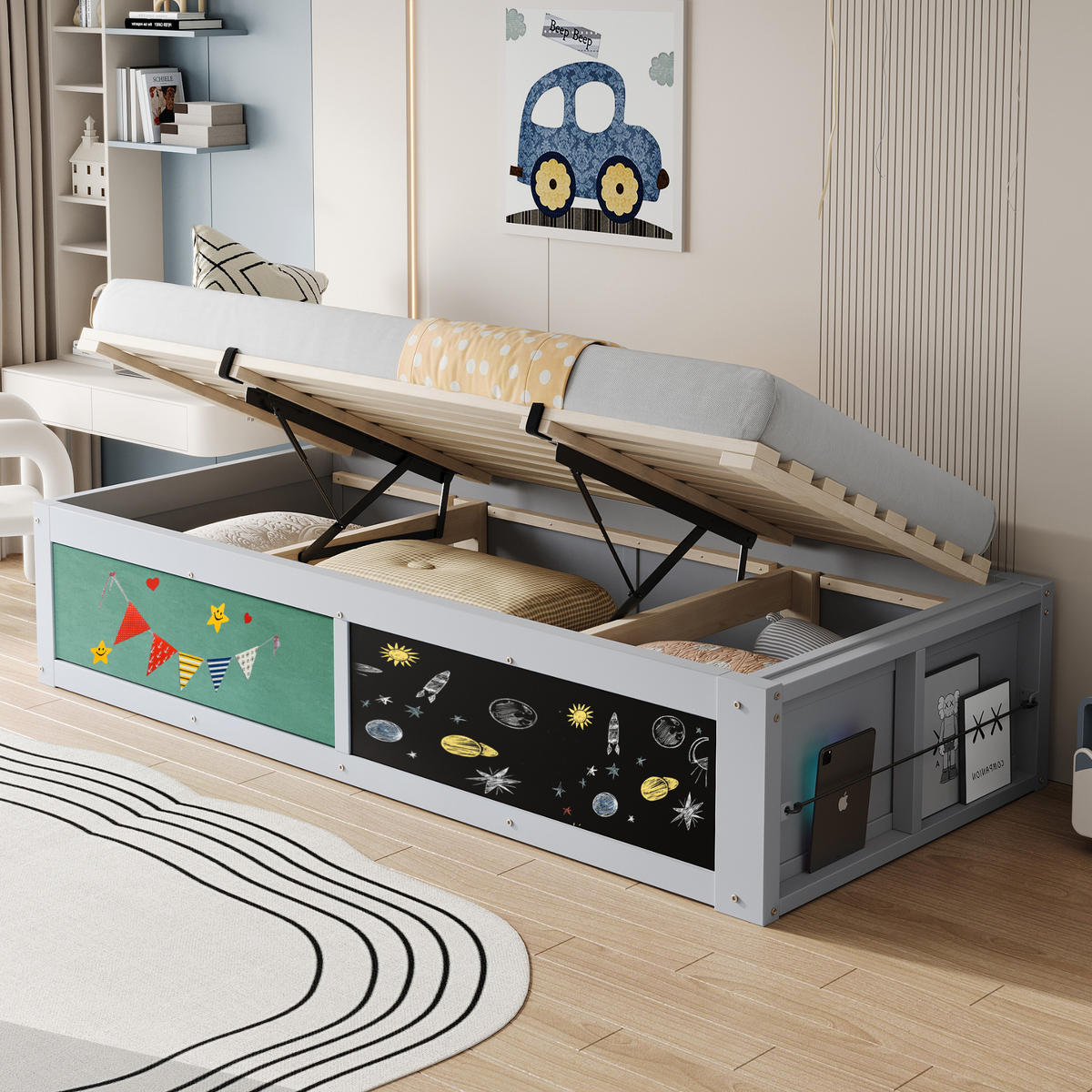 KINDERBETT 90/200 cm Grau mit hydraulischer Aufbewahrung und Kreidetafel - Grau, Holzwerkstoff (90/200cm) - OKWISH